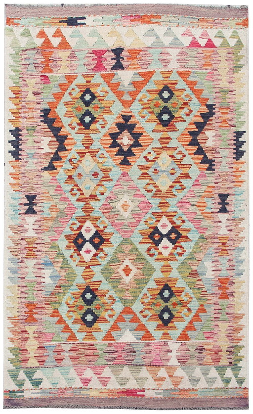 Handgeweven Afghaanse kelim - 162 x 99 cm - Kleurrijk ruitpatroon - 100% wol - Nieuw