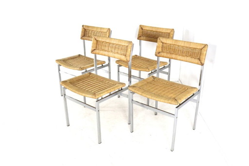 Set van 4 stoelen eetkamerstoelen metaal riet vintage – Chrome