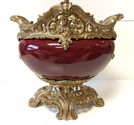 Antieke Napoleon III faience vergulde metalen plantenbak/tafelstuk