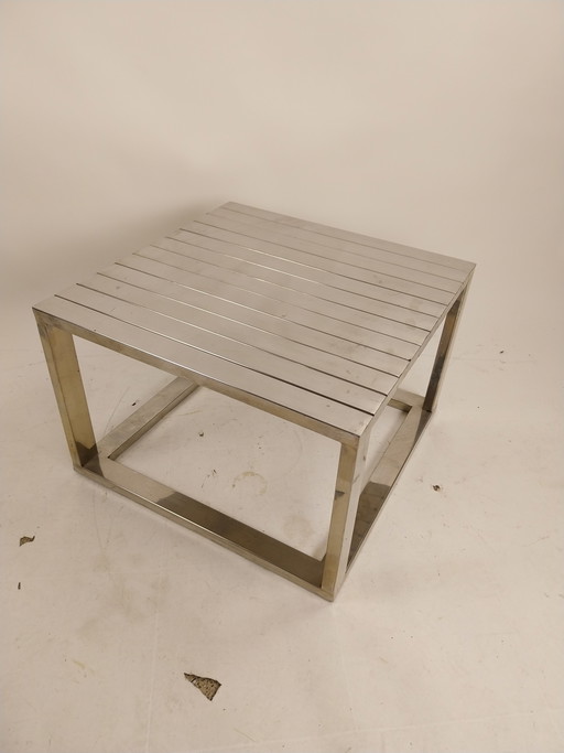 1 x polished aluminium slatted table 60 x 60 x 40cm 1980s