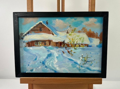 Original Oil Painting Winter Houses Landscape Winter comfort