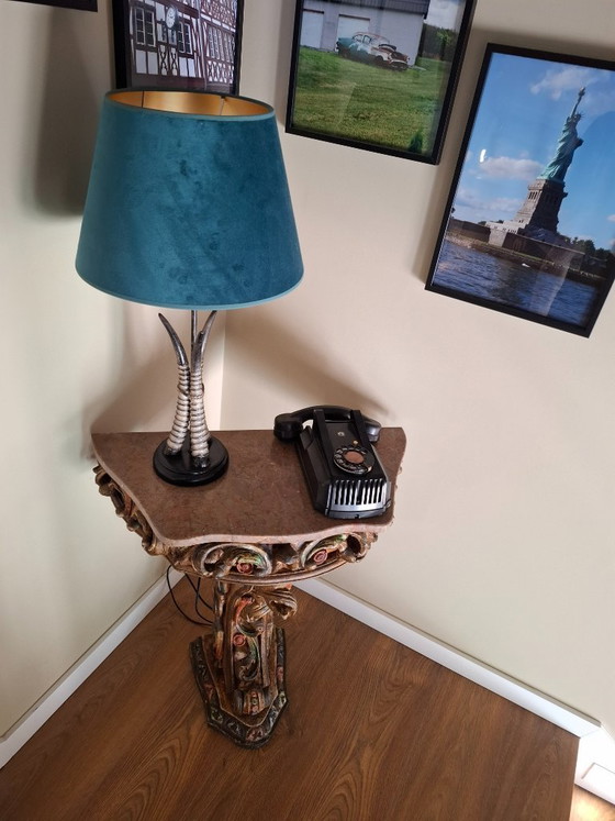 Image 1 of Antique Portuguese Gilded Console Table with Marble Top - 19th Century Carved Wood - Hand-Painted Polychrome Details - VGC