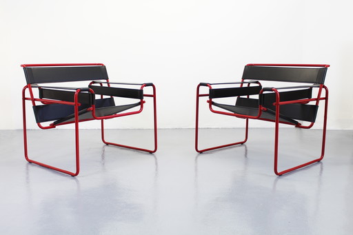 Set of 2 Wassily Chairs Black Leather Marcel Breuer Knoll Seats