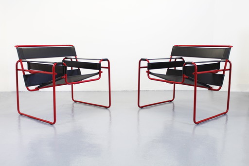 Set of 2 Wassily Chairs Black Leather Marcel Breuer Knoll Seats