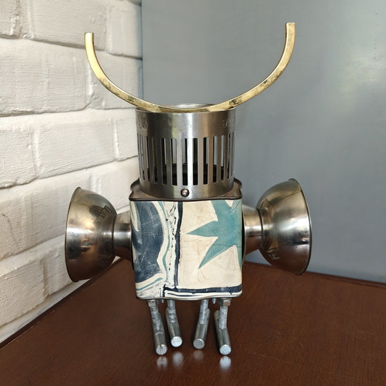 Handmade Steampunk Robot Knight Sculpture, Found Object Assemblage Art, Vintage Mixed Metal (photo 7 of 7)