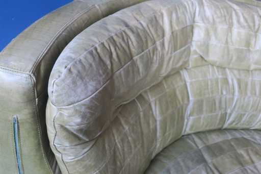 Grande poltrona angolare in pelle verde oliva con motivo patchwork, anni '70