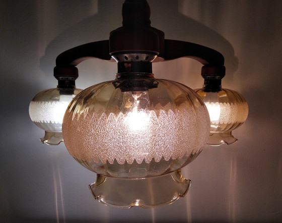 Image 1 of Mid-Century, Lustre Vintage en bois avec abat-jour en verre, 70's Hungary