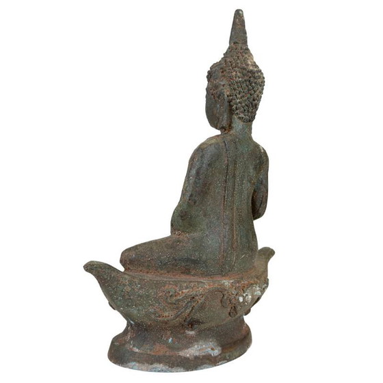 Antieke Thaise Bronzen Boeddha op Lotusvoet – Diepe Patina – Originele Kernvulling – Exportlabel (photo 6 of 14)