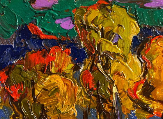 Image 1 of Original Oil Painting Evening Nature Landscape In the autumn forest
