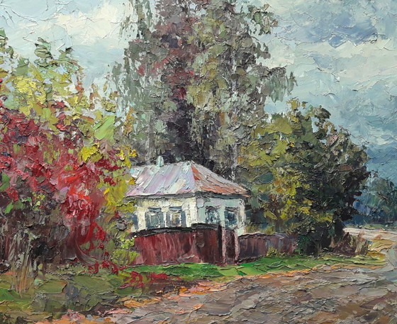 Original Ölgemälde Landschaft Landhaus Herbst im Dorf Guta – Gemälde & Zeichnungen, Canvas (photo 8 of 8)