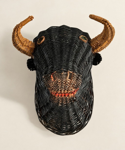 Rare French Polychrome Wicker Bull / Minotaur Wall Sculpture, 1950s