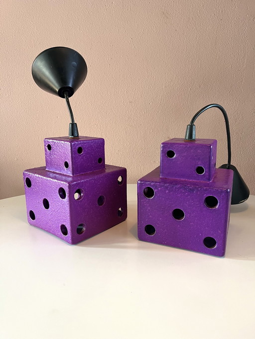 Cooles Vintage-Würfel-Lampen-Set. 2 Stück Fat Lava Zeitraum! Lila Keramik-Hängelampe