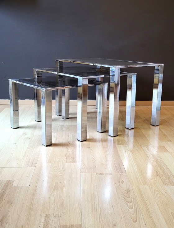 Image 1 of 3x Tables Basses Chrome Design 70S' Italie