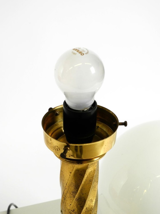 Image 1 of Large 1960s brass column-style table lamp with frosted glass globe