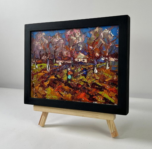 Original Oil Painting Autumn Village Landscape Waking garden beds