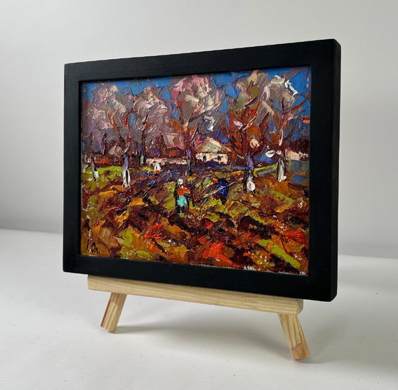 Image 1 of Original Oil Painting Autumn Village Landscape Waking garden beds