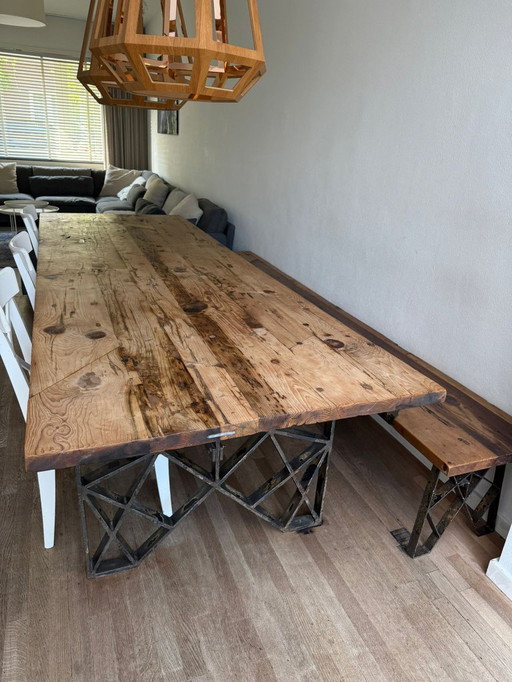 Wooden table + bench with steel frame 305 cm 