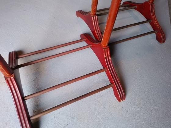 Image 1 of Pair of vintage wooden and leather valet stands