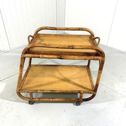 Carrito de ratán con bandeja, años 50