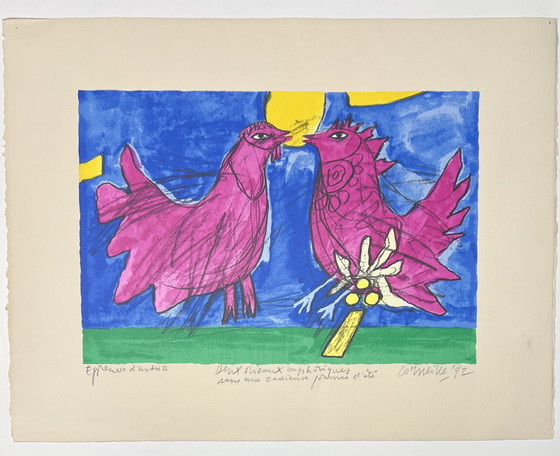 Image 1 of Signed; Guillaume Corneille Rare Lithographie Deux Oiseaux Euphoriques Dans Une Radieuse Journée D'Été 1992