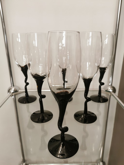 Service De 6 Flûtes À Champagne En Verre Soufflé Vintage