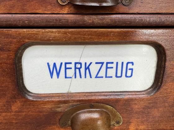 Image 1 of Antique kitchen cabinet with porcelain drawer plates | ca. 1900-1930