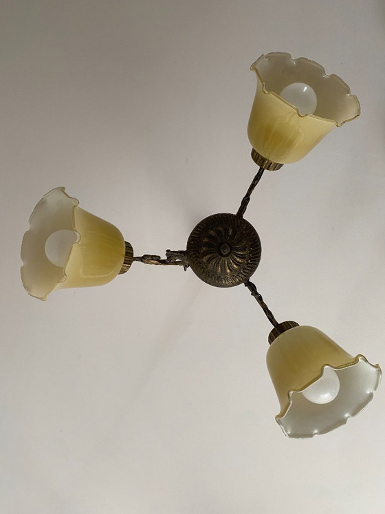Vintage Joegoslavische kroonluchter met 3 lampen en opaalglas, jaren 60-70. – Metal (photo 10 of 11)