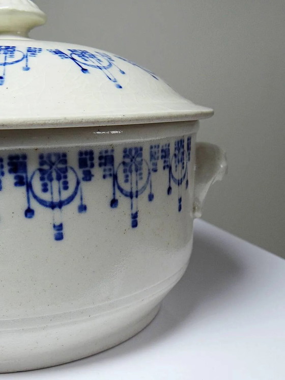 Vecchia casseruola in terraglia smaltata con decoro blu St Uze., Stoviglie, Porcellana, Art Deco (foto 6 di 13)