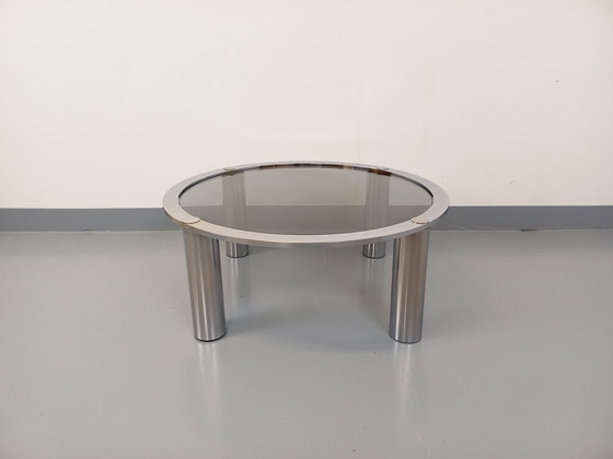 Image 1 of Table Basse Ronde Vintage en Verre Fumé et Métal Chromé des Années 70