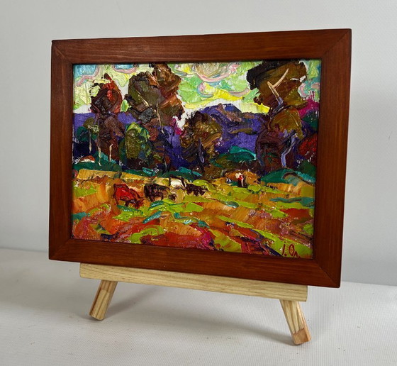 Image 1 of Original Oil Painting Summer Forest Landscape On the pasture