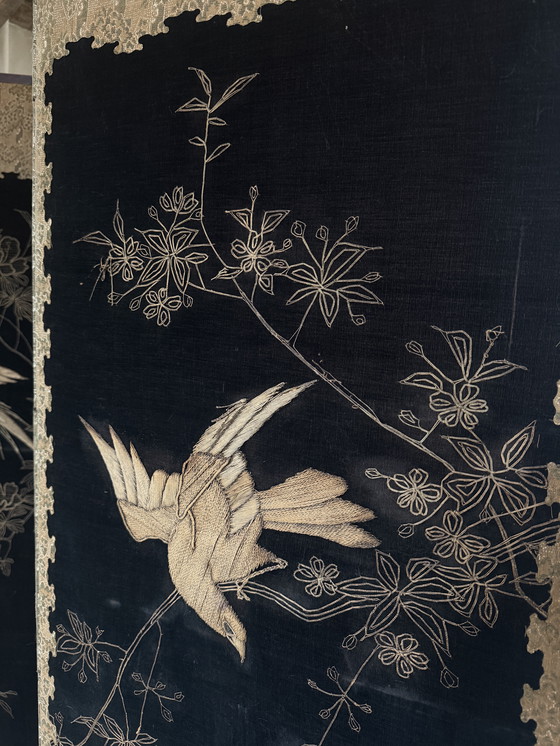 Image 1 of Antique Chinese embroidered chinoiserie folding screen ca. 1885