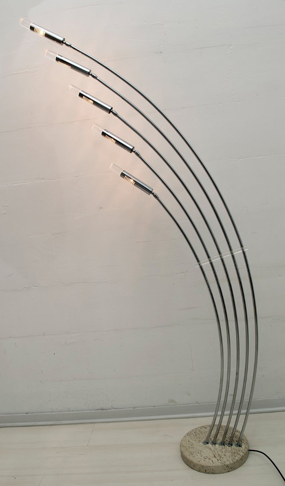 Image 1 of Midcentury Italian Arched Floor Lamp 5 Lights Chrome Metal and Lucite, 1960s