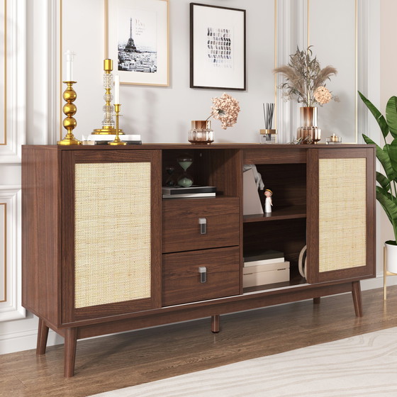 Image 1 of Urban Meuble sideboard in walnut look with 3 sliding rattan doors and 2 drawers 155x38x80cm USOH WALNUT