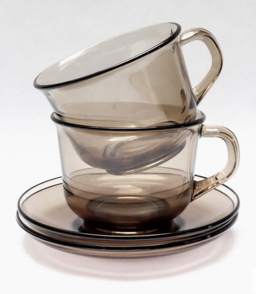 Französisches Arcoroc-Vintage-Glas: Schachtel mit 6 Tassen und Untertassen