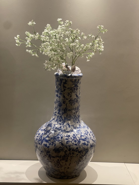 Image 1 of Mega XL large earthenware ceramic vase blue white glaze heavy