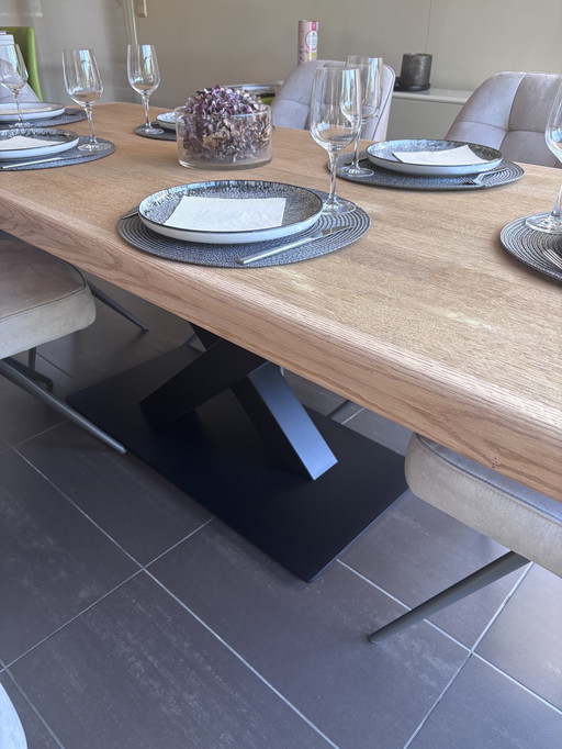 Upcycled oak table with metal center leg