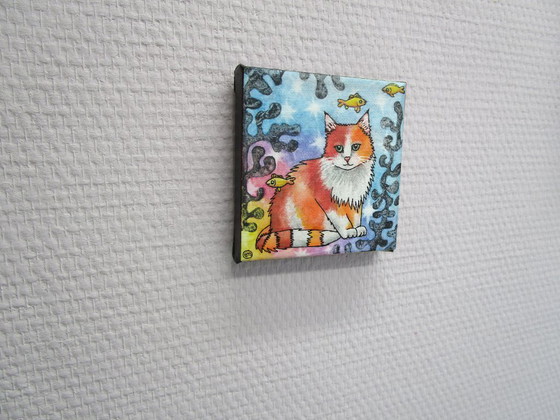 Image 1 of Tableau super mignon peint à la main d'un chat roux et orange