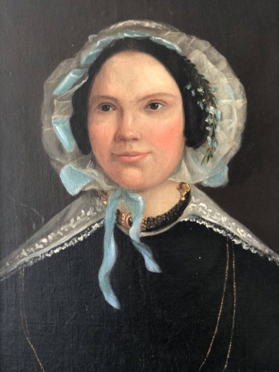 Image 1 of Portrait à l'huile ancien d'une dame hollandaise, XIXe siècle