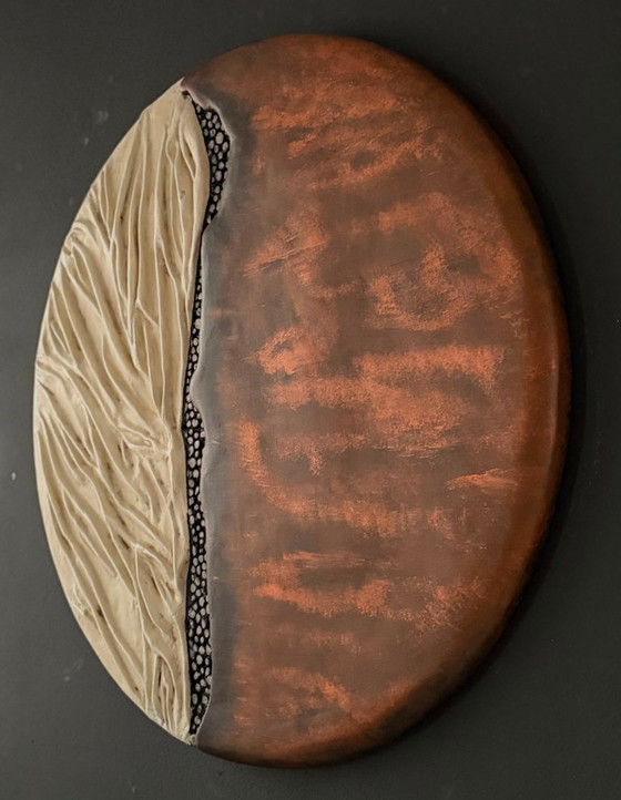 Image 1 of Celestial Duality" - 3D Textured Circle Wall Art, Copper & Plaster Relief Sculpture, Wabi Sabi Round Wall Decor