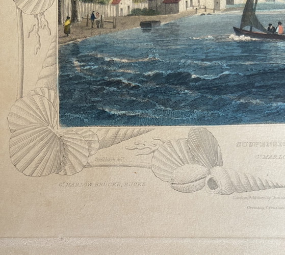 Image 1 of Pair of Antique Hand-Coloured English Engravings by Tombleson – Marlow & Henley – Framed Views of the Thames – c.1830-1850