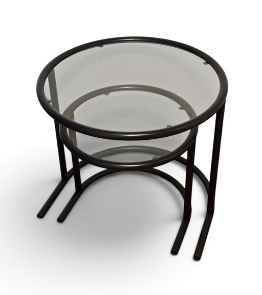Vintage industrielle Nesting Tables | 80er Jahre | Schwarzer Stahlrohr und Glas