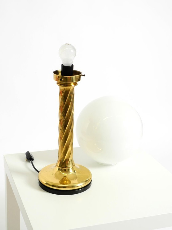 Image 1 of Large 1960s brass column-style table lamp with frosted glass globe