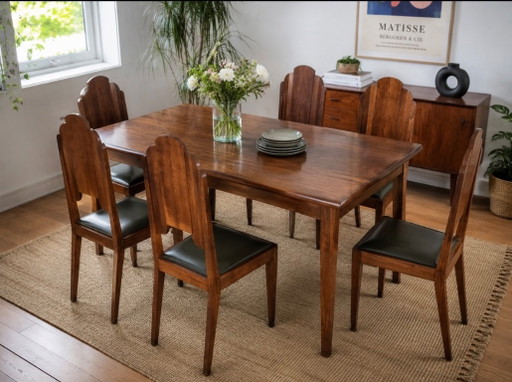 Juego de 6 sillas de comedor originales estilo Art Déco en madera y piel sintética verde (1940).