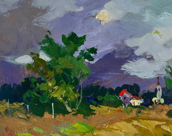 Image 1 of Original Oil Painting Summer Field Landscape Quiet Village In The Endless Expanses