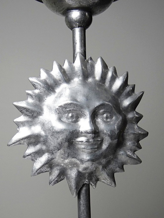 Image 1 of Pair of vintage mid-century silver-plated pewter Sun & Moon handcrafted candlesticks