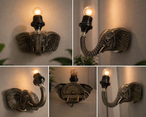 Image 1 of Set of 2 Vintage Elephant Wall Lamps – Hollywood Regency – Brass

