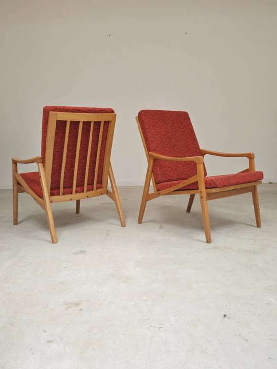Pair of Jiri Jiroutek red armchairs by Intérier Praha – Wood, Mid Century Modern (photo 8 of 13)