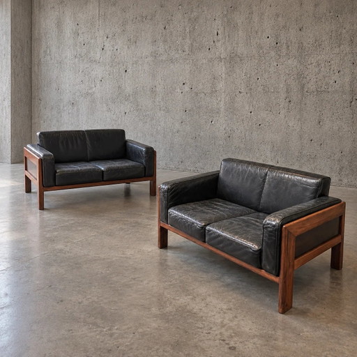 2 x very rare first edition Italian mid-century rosewood black leather sofa Bastiano by Afra Tobia Scarpa / Knoll / Gavina / 195