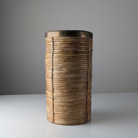 Image 1 of Italienischer Regenschirmständer aus Schilfrohr und Messing im Stil der Mitte des 20. Jahrhunderts, 1970er Jahre