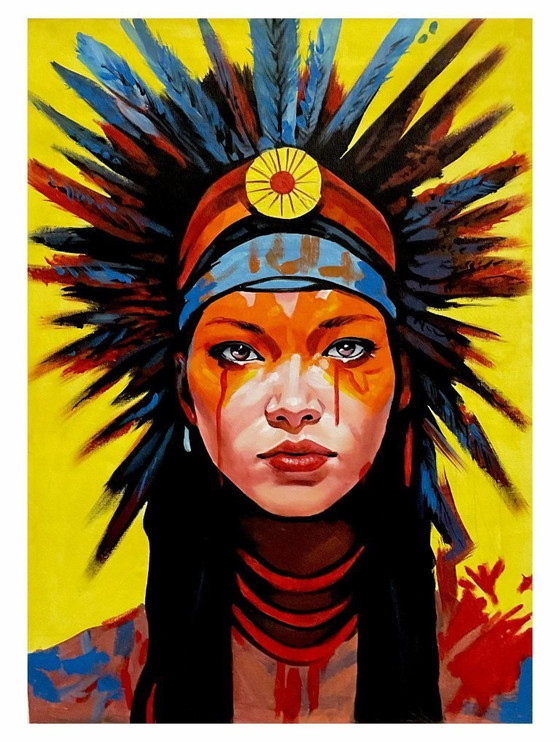 Image 1 of Alberto Ricardo - Unique Indian Face - Artist's Canvas Under Glass